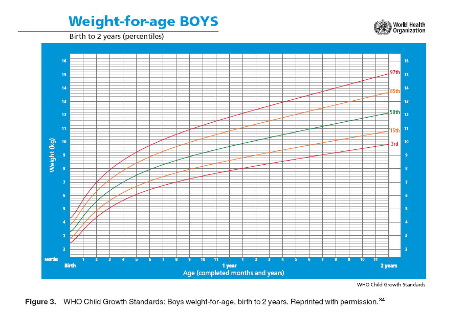 Figure 3. WHO Child Growth Standards: Boys weight-for-age, birth to 2 years. Reprinted with permission.
