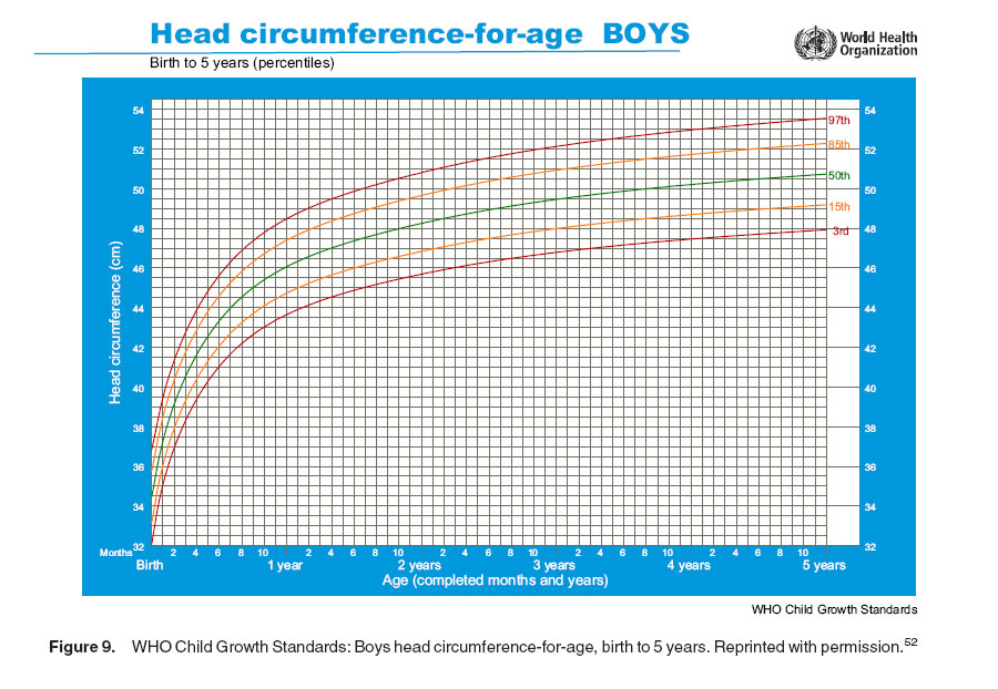 Figure 9. WHOChild Growth Standards: Boys head circumference-for-age, birth to 5 years. Reprinted with permission.